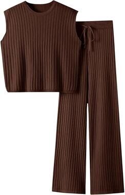 Imily Bela Women's 2 Piece Ribbed Knit Lounge Set Wide Leg Pants Coffee Brown XL